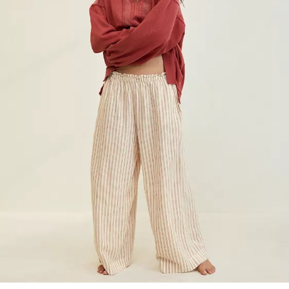 NWT Aerie Womens Linen Blend Striped Flowy Elastic Waist Trouser Pants Large